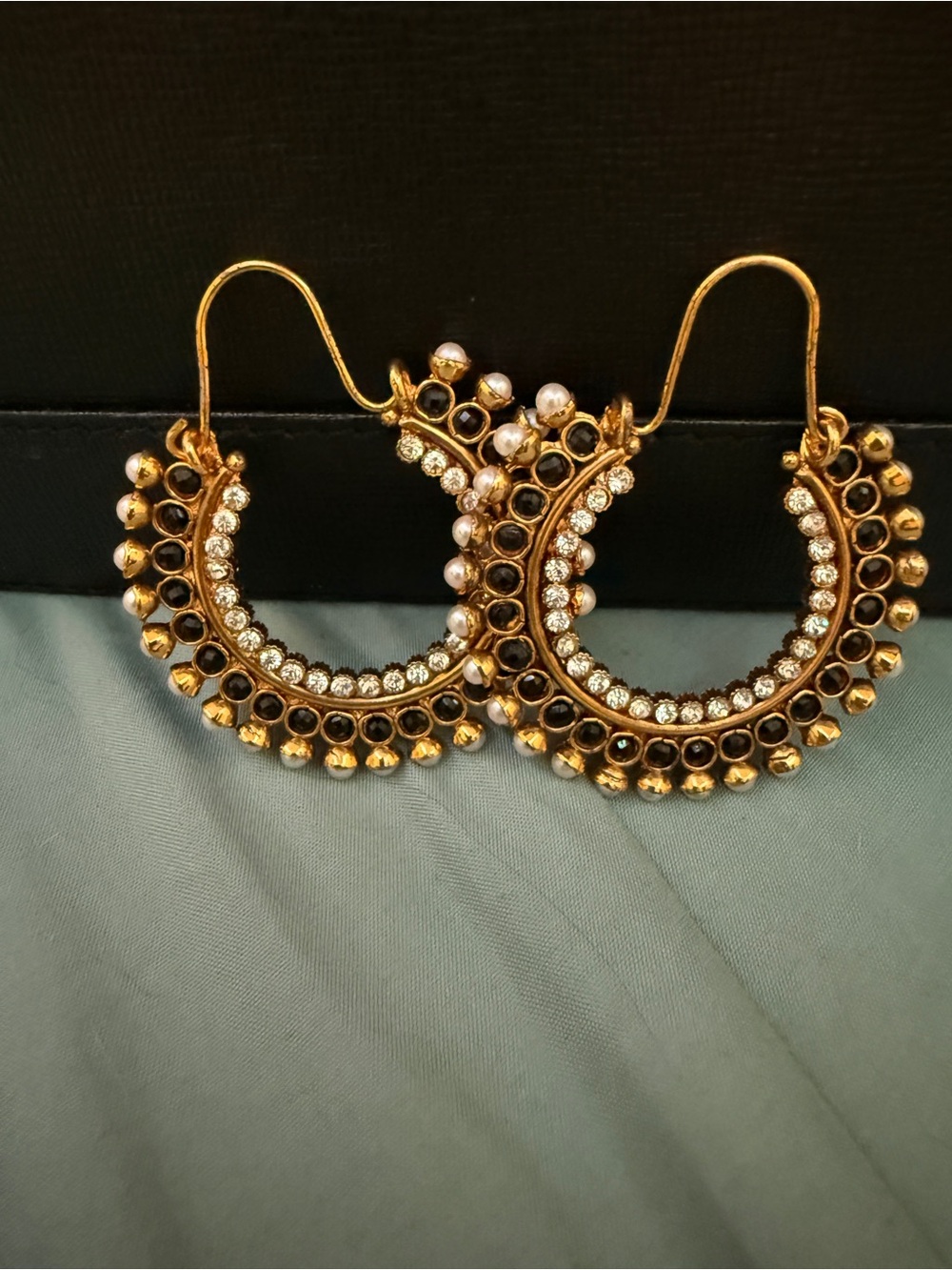 Gold-Tone Hoop Earrings with Black and Clear Stone Accents